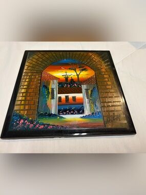 Mexican Hand Painted Ceramic Tile Sunset Courtyard Arch Painting